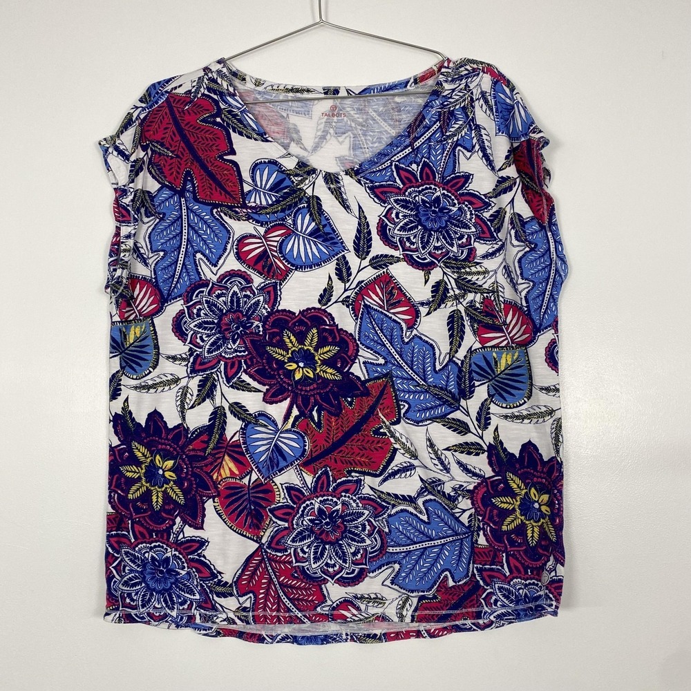 Talbots TShirt Womens‎ 2X Multicolor Floral V Neck Cap Sleeve Stretch Knit